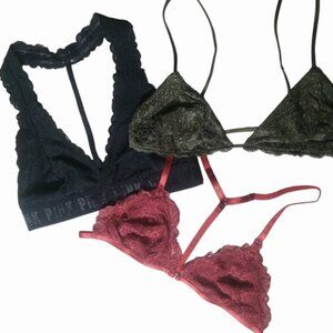 Bundle Of Three Med VICTORIAS SECRET/FREE PEOPLE Lace Bralettes Red Green Black